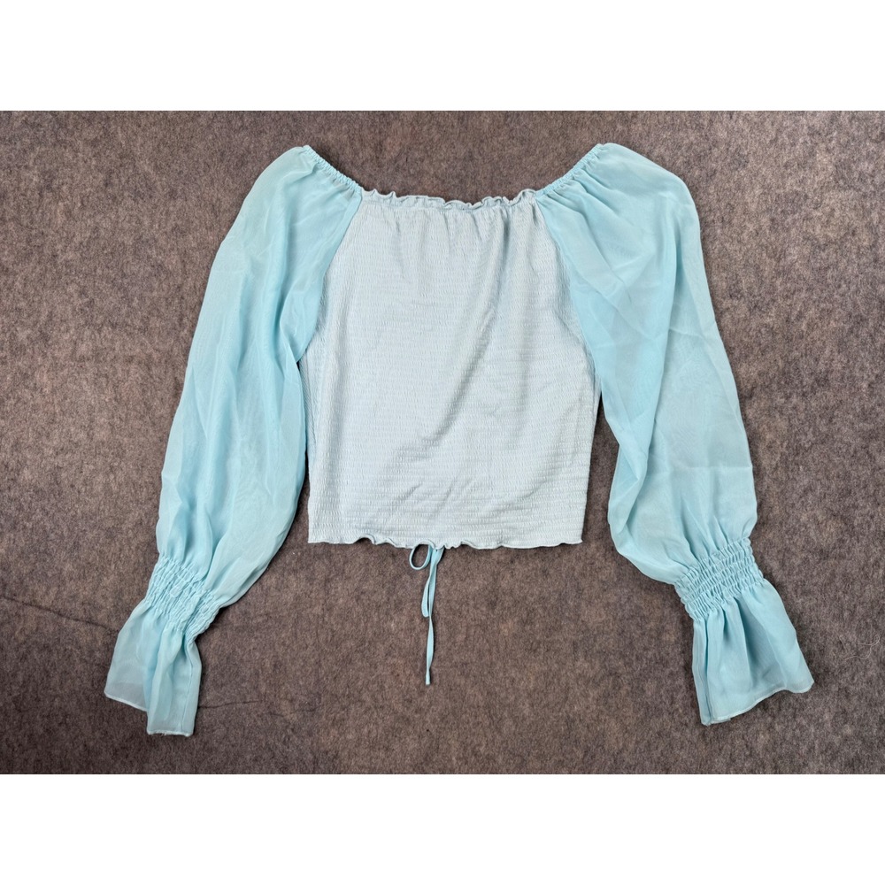 Shinestar Light Blue Smocked Ruched Sheer Balloon Sleeve Crop Top Mens Medium - Picture 4 of 6